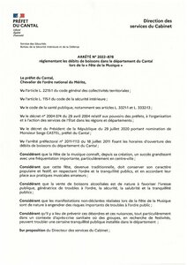 Arrêté n°2022-878 réglementant les débits de boissons dans le département du Cantal lors de la Fête de la Musique.