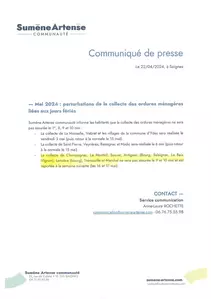 PERTURBATIONS DE LA COLLECTE DES ORDURES MENAGERES LIEES AUX JOURS FERIES (MAI 2024)